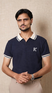 Kinarah - Navy Blue Contrast Textured Polo